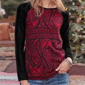 Sundance womens Pullover Top Red Velvet Black Floral Large Goth Fairy Grunge
